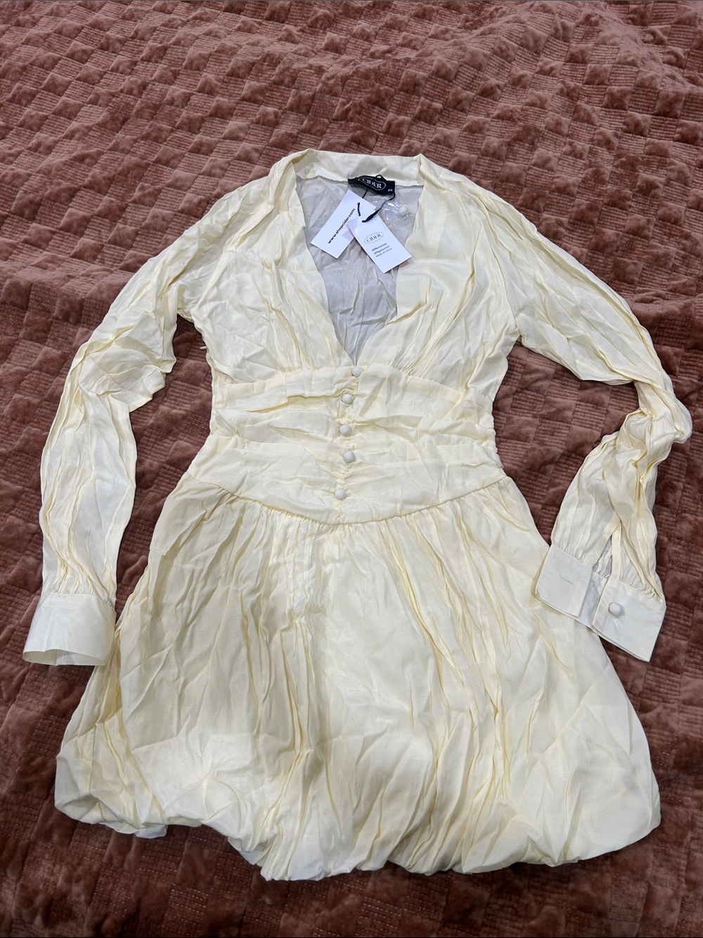 Cider Soft Pale Yellow V-Neck Long Sleeve Button-Waist Dress